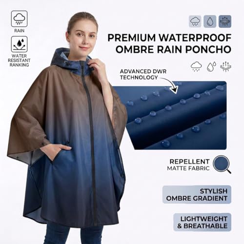 Rain Poncho Jacket Coat Hooded Zipper Style for Women (One Size / Blue+black)