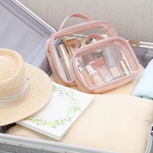 Clear Makeup Bag Travel (Beautiful Pink / Fashion/Texture Series (1 Large 1 Medium))