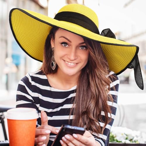 Womens Bowknot Straw Hat Foldable Beach Sun Hat Roll up UPF 50+ (Big Bow / Yellow+black 5.9" Brim)