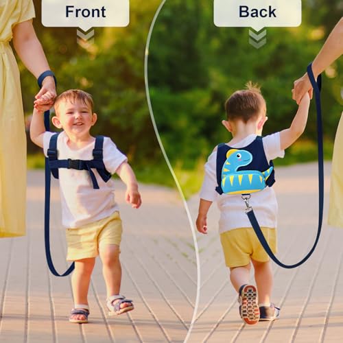 Toddler Harness with Leash (Navy Blue/Light Blue Textured Brachiosaurus, Blue Link)