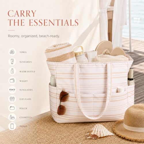 Waterproof Beach Tote Pool Bags for Women Ladies Extra Large Carry On Bag With Wet Compartment for Weekender Travel (Khaki Irregular Stripes)
