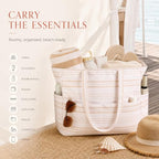 Waterproof Beach Tote Pool Bags for Women Ladies Extra Large Carry On Bag With Wet Compartment for Weekender Travel (Khaki Irregular Stripes)