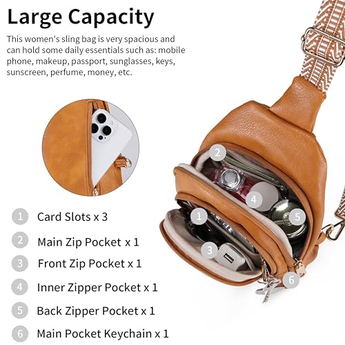 Crossbody Bags for Women Anti Theft Small Sling Handbag with Zipper Lock Vegan Leather RFID Blocking Chest Pure (Camel Brown)