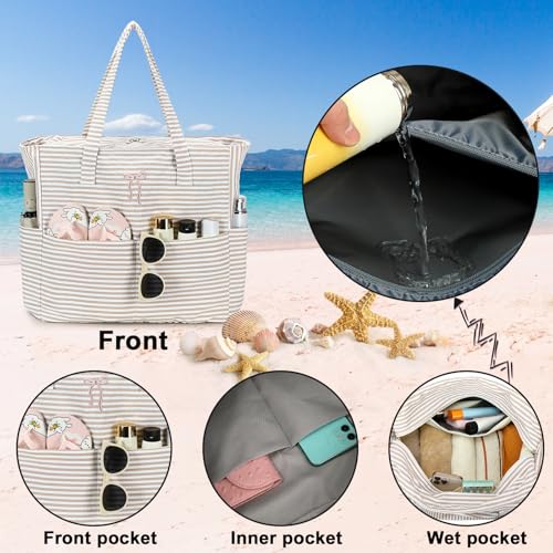 Beach Pool Bags Tote for Women Ladies Large Gym Tote Carry On Bag With Wet Compartment for Weekender Travel Waterproof (Brown Striped Bow)