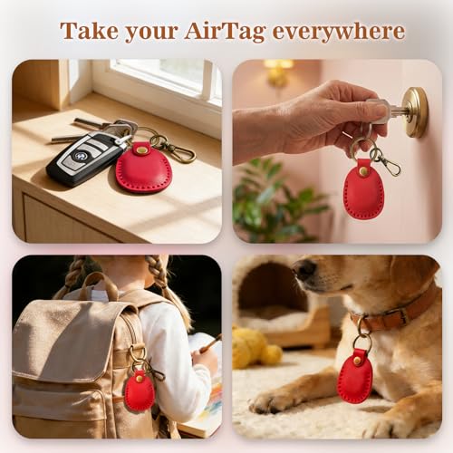 Genuine Leather Airtag Holder Compatible with Apple AirTag Keychain 2nd & 1st Gen (True Red)