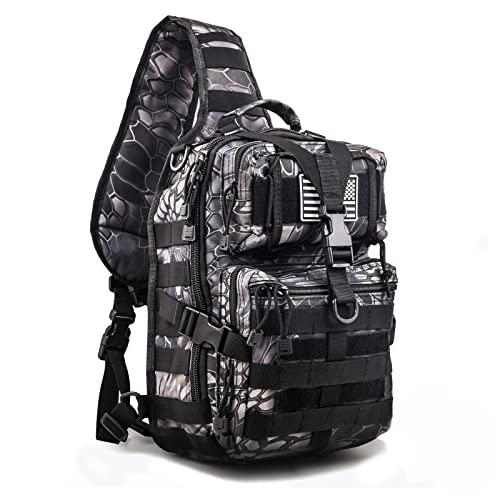 Tactical Sling Bag Pack Military Assault Rucksack Shoulder Bag Backpack Chest Pack Handbag Waterproof for Travel Hiking Camping Trekking Exploring Fishing Hunting (Pythons Grain Black)