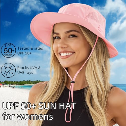 UPF 50+ Wide Brim Bucket Hat for Women Outdoor Quick Dry Safari Sun Hat Breathable UV Protection Fishing Hats Pink (Large / Pink)