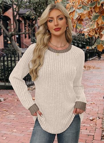 Long Sleeve Shirts for Women Tunic Tops for Women Loose Fit Dressy Casual Fall Clothes 2026 Trendy Sweaters Soft Comfy Basic Layering Cream L (Large / 04-apricot)