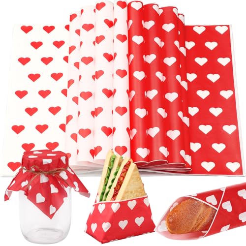 100 Pcs Valentine's Day Wax Paper Sheets for Food Wrapping (Red, White / Classic)
