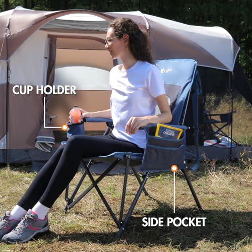 Oversized Folding High Back Portable Lawn Chairs for Adults Outdoor Camp Sports Hunting Fishing Backyard with Hard Armrest Cup Holder Carrying Strap (Blue 2 Packs / Mesh back)