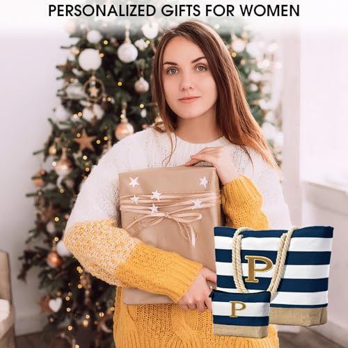 Beach Bag Initial Beach Tote with Makeup Bag for Travel (Dark Blue 2 Pcs)