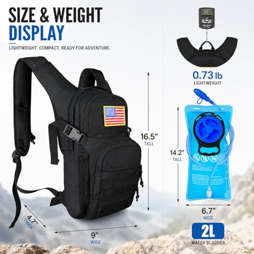 Hydration Backpack with 2L Water Bladder Tactical Molle Water Backpack for Men Women Hydration Pack for Hiking (Black)