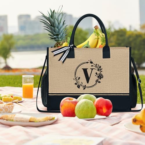 Personalized Initial Jute Tote Bag with 5 Pockets (Black/Brown - Wreath V)