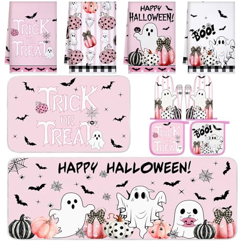 10 Pcs Halloween Kitchen Decor Pink Ghost Kitchen Rugs Set (Pink, White / Ghost)