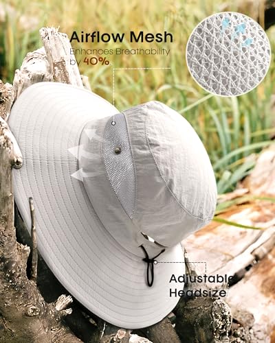 Womens Sun Hat with Ponytail Hole Beach Hiking Summer Wide Brim UPF 50+ Outdoor Protection Foldable Bucket Hat Light Grey (Light Grey)