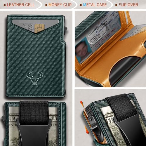 Men Slim Leather Wallet Metal Case Money Clip (Dark Green4325)