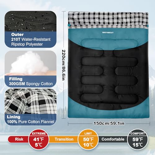 Cotton Flannel Double Sleeping Bag for Adults Machine Washable 2 Person Camping Sleeping Bag Queen Size Waterproof with Compression Sack for Cold Weather 3 (CYAN / Flannel)