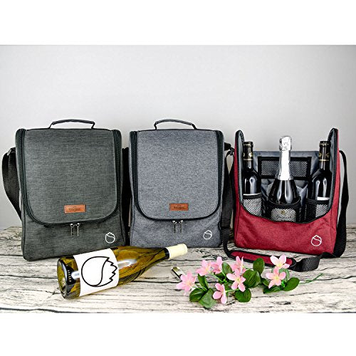 Insulated Wine 3 Bottle Carriers Tote Travel Cooler Gift Bag For Airplane Liquor With Padded Shoulder Strap (3 Bottle / 3-Red)