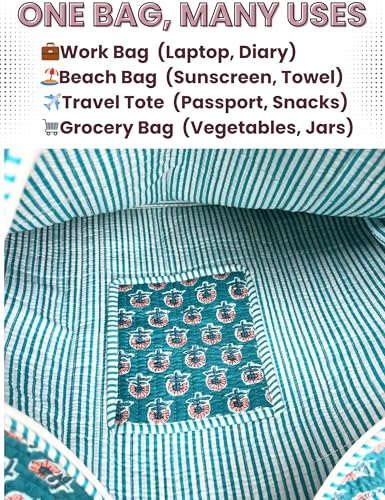 100% Cotton Quilted Tote Bag For Women (Ball Blue Purple Thorn Floral Print)