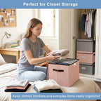 Linen Fabric Foldable Storage Cube Bin Organizer Basket with Flip (Pink & Gray / Medium - 4 Pack)