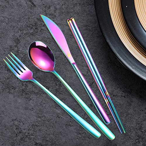 6 Pieces 18 8 Stainless Steel Flatware Set Portable Reusable Cutlery Set Travel Utensils Set Including Chopsticks Knife Fork Spoon Straws Cleaning Brush Dishwasher Safe (Multicolor)