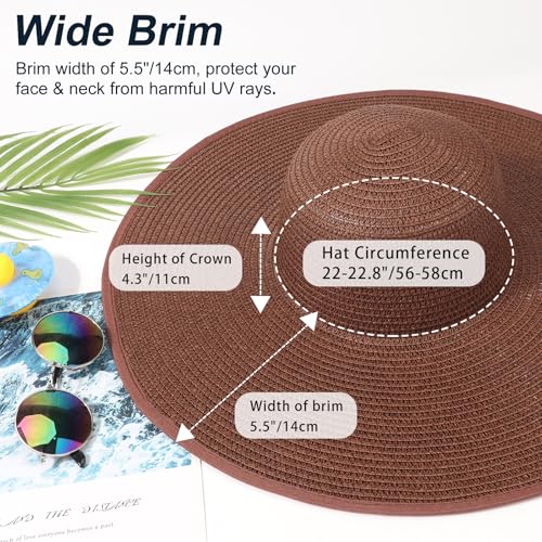 Sun Hats for Women Wide Brim Summer Hat Large Floppy Sun Straw Hat Foldable Packable Beach Hats UPF 50+ (1 Pack Medium Size: Coffee Brown (Head Circumference 22-22.8"))
