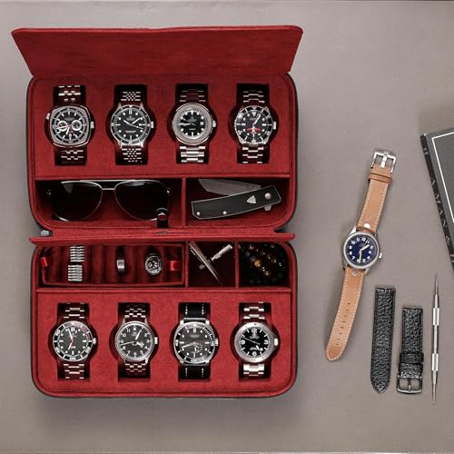 8 Watch Travel Case Storage Organizer for 8 Watches (Black/Red)