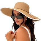 Women Twine Wide Brim Straw Hats Big Floppy Summer Hat Foldable Roll up Cap Beach Sun Hat UPF 50+ (Straw Hat: Khaki 5.9" Brim, 1 Pack)