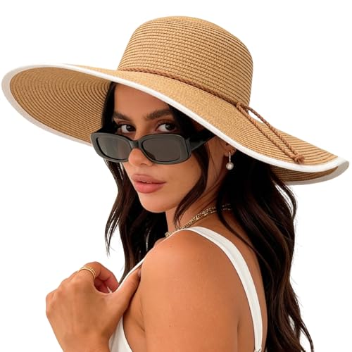 Women Twine Wide Brim Straw Hats Big Floppy Summer Hat Foldable Roll up Cap Beach Sun Hat UPF 50+ (Straw Hat: Khaki 5.9" Brim, 1 Pack)