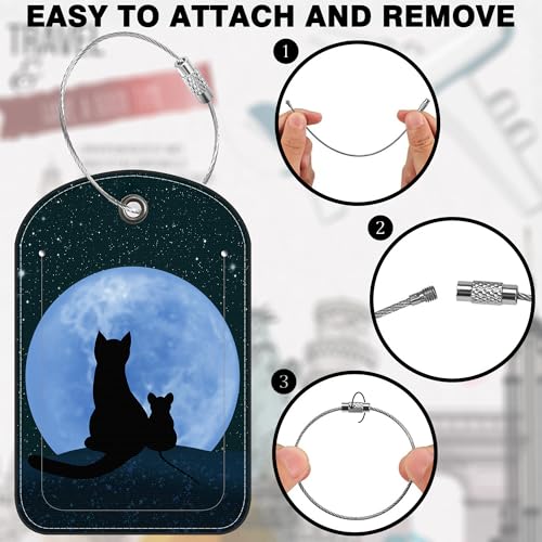 2 Pack Luggage Tag for Suitcase Cat Under the Moon Leather Suitcase Tags with Privacy Name ID Label and Stainless Steel Loop for Travel Bag (Cat Under the Moon)