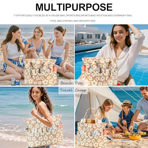 Waterproof Beach Tote Pool Bags for Women Ladies Extra Large Gym Tote Carry On Bag With Wet Compartment for Weekender Travel (Beige Floral 157)