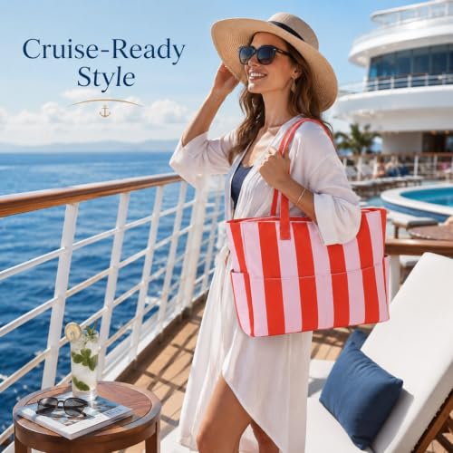 Beach Bag Waterproof Sandproof Women Beach Tote Pool Bag with Zipper for Gym Grocery Travel with Wet Pocket (Pink Orange)