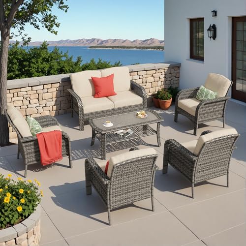 Patio Furniture Set (6 PCS Loveseat Chair Set / Beige Tan)