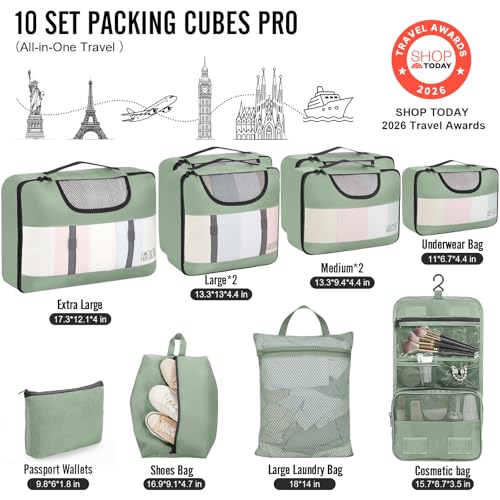 10 Set Packing Cubes for Travel Essentials (09 Matcha Green)