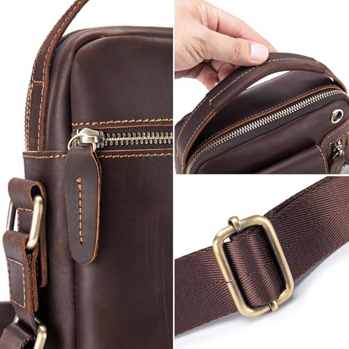 Genuine Leather Shoulder Bag Small Men Messenger Pack Handbag Sling Crossbody Bag Man Purse for Business Work Everyday Outdoor Travel Deep Brown (010-deep Brown)