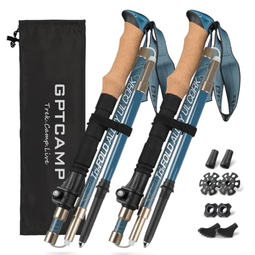 Folding Trekking Poles 7075 Aluminum Lightweight for Travel (Cork-Blue / 100-120 cm for Height:5'9" and smaller)
