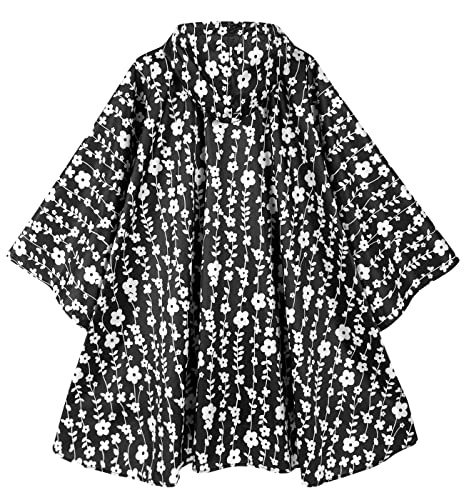 Rain Poncho Jacket Coat Hooded Zipper Style for Women (One Size / Black/White Flower)