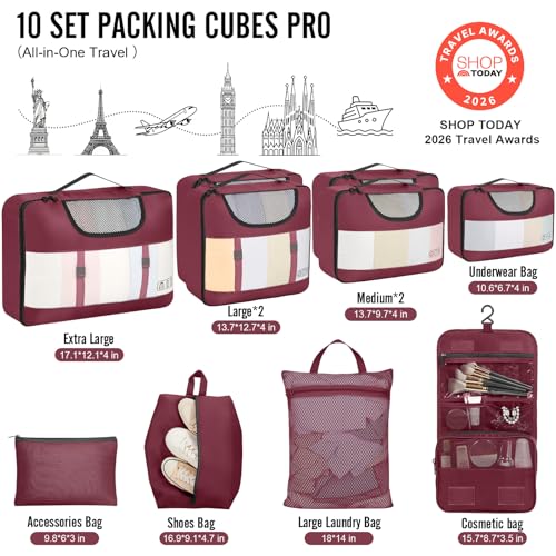10 Set Packing Cubes for Travel Essentials (12 Wine Red)
