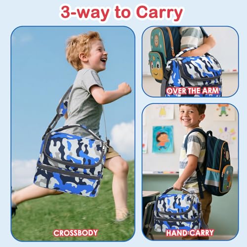 Kids Double Decker Cooler Insulated Lunch Bag Large Tote for Boys (Blue Camo)
