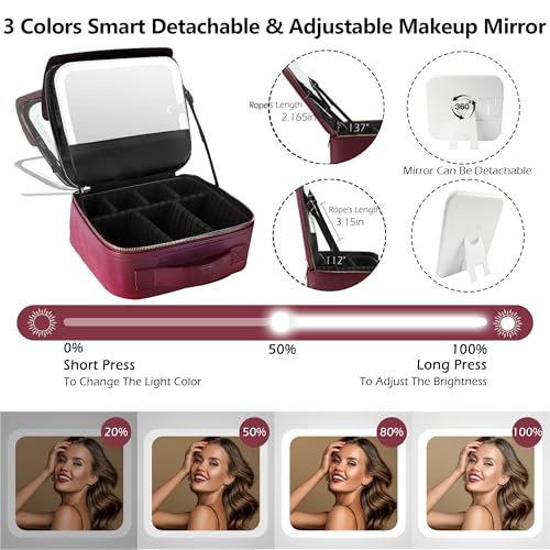 Travel Makeup Bag Cosmetic Bag Makeup Organizer Bag with Lighted Mirror (Wine Red / Woven)