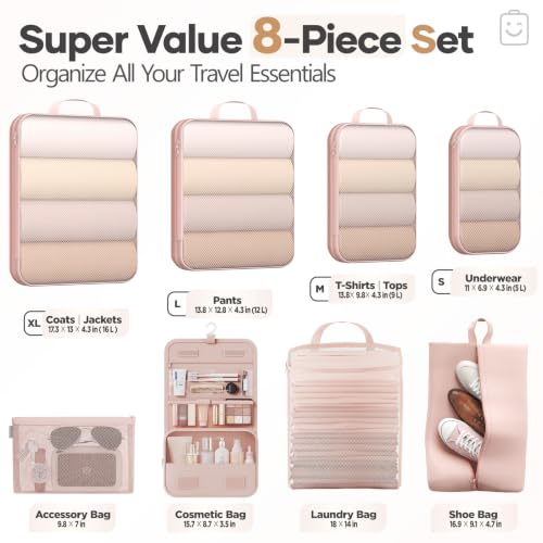 8 Set Compression Packing Cubes for Travel Essentials (Beige(Toiletry Bag) / 8 set)