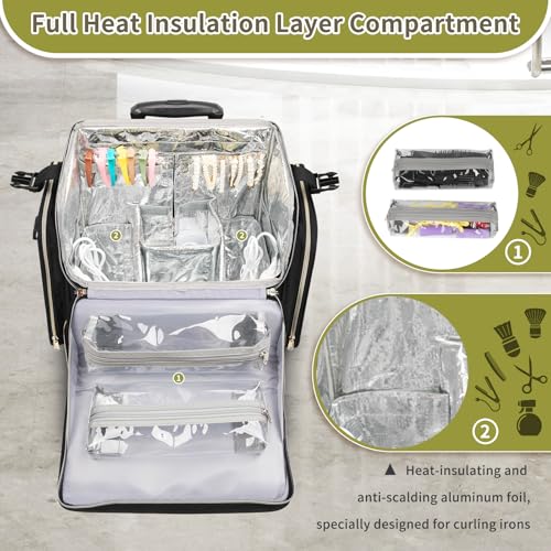 Hairstylist Traveling Case with 4 Clear Travel Makeup Bags Set (Black-with 4 Clear Bags / XL)