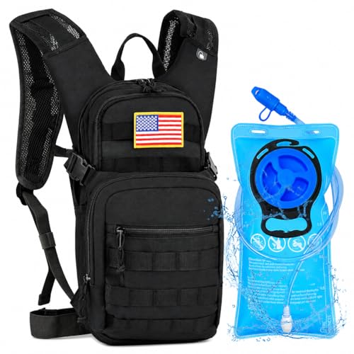 Hydration Backpack with 2L Water Bladder Tactical Molle Water Backpack for Men Women Hydration Pack for Hiking (Black)