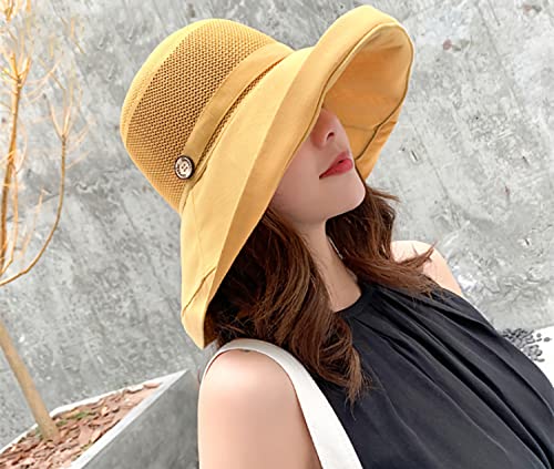 Women Mesh Crown Wide Brim Sun Hats Summer UV Protection UPF Hat for Beach Hiking Garden Travel Lawn Work Chin Strap (One Size / B5-fyu001-yellow)