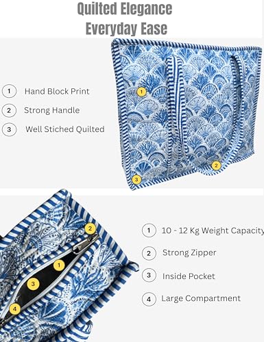 100% Cotton Quilted Tote Bag For Women (Filigree Summer Blue Block Print)