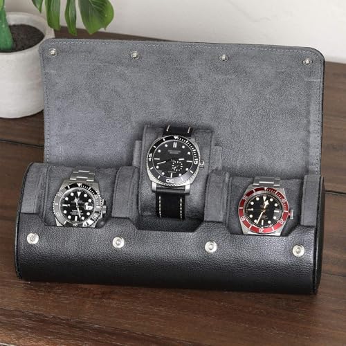 Watch Roll Travel Case for 3 Watches (Black/Grey (PU Leather))