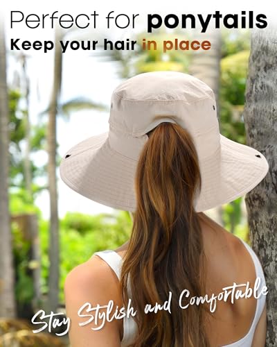 Sun Hats for Women Ponytail Wide Brim Summer Packable Cowboy Hat (One Size / Beige)