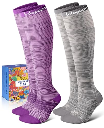 Thick Soft Cotton Compression Socks (Purple and Grey Stripes / Small-Medium)