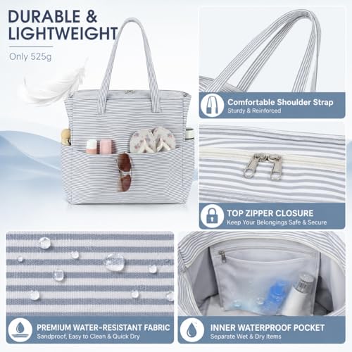 Beach Bag Waterproof Sandproof Women Beach Tote Pool Bag with Zipper for Gym Grocery Travel with Wet Pocket (Light Gray White)