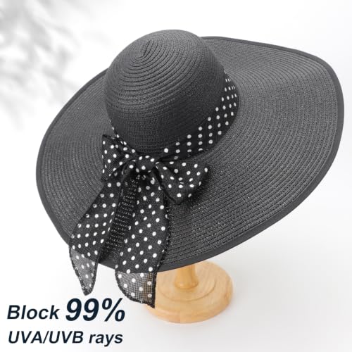 Wide Brim Sun Hat for Women Floppy Straw Hat Summer Beach Hats Fashionable Trendy Hats Sun Protection UPF 50+ (1 Pack With Polka Dot Bow: Black)